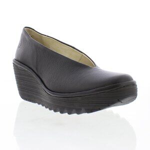 FLY LONDON YAZ Wedge Black Leather Shoes - Size EU 39 (US 8-8.5)